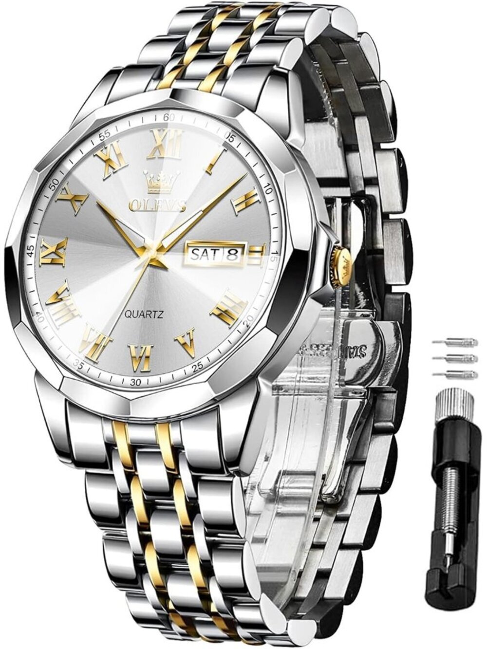 Mens Silver Gold Analog Quartz Numerals Classic Luxury Luminous Waterproof Watch